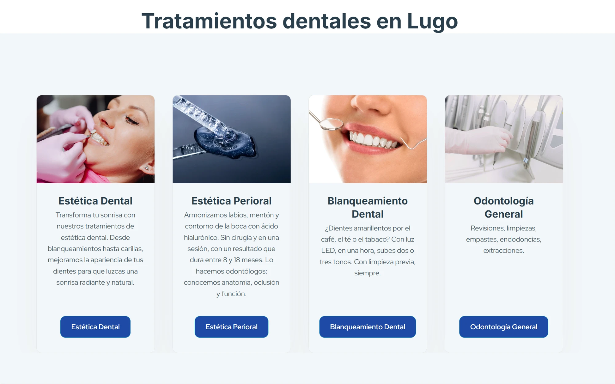 Captura de una web de clínica dental en Lugo hecha por GF Publicidad: tarjetas de tratamientos con foto y botón