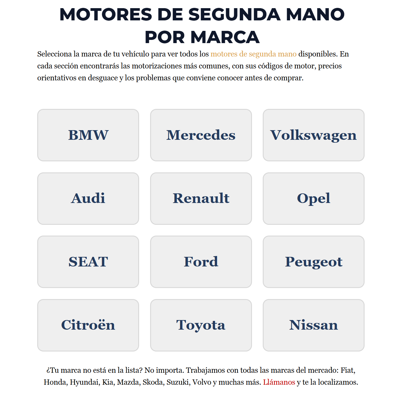 Captura de una web de motores de segunda mano hecha por GF Publicidad: catálogo de motores por marca