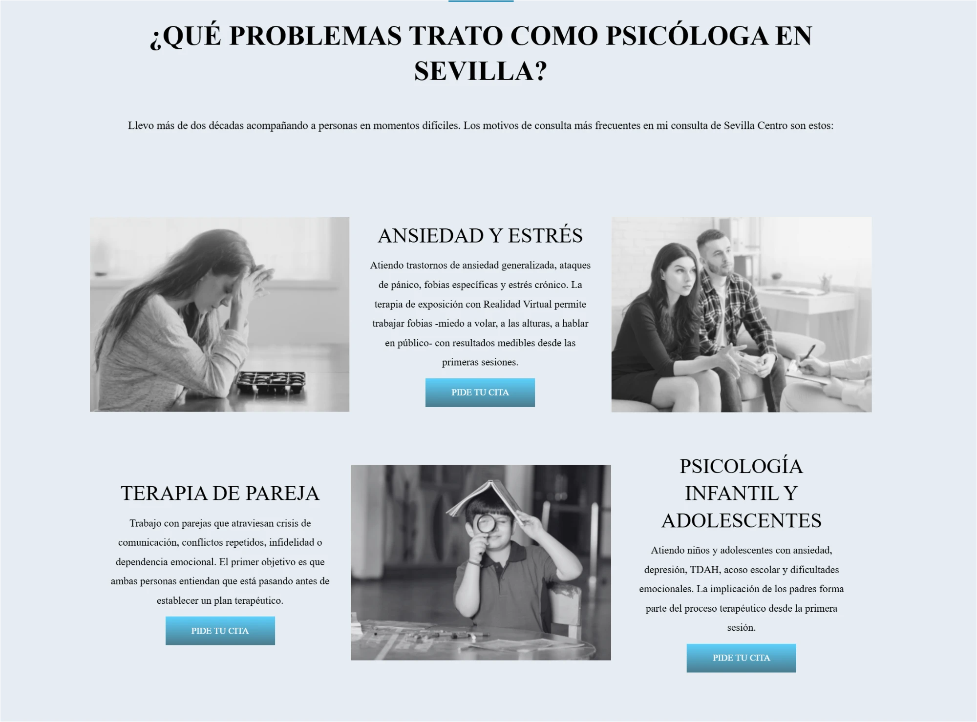 Captura de una web de psicología en Sevilla hecha por GF Publicidad: bloques de problemas que trata con foto y botón de cita
